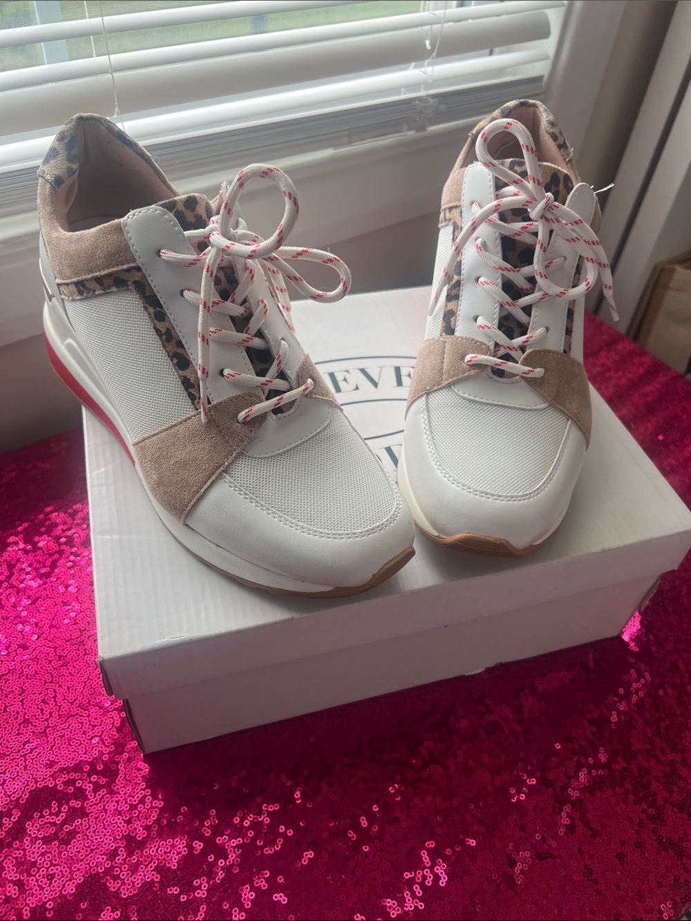 Steve Madden White and Tan Sneakers with Leopard Trim